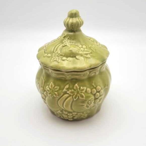 Vintage Avocado Green Dish Bowl Jar with Lid 2" Sugar Jam Fruit - Picture 1 of 8
